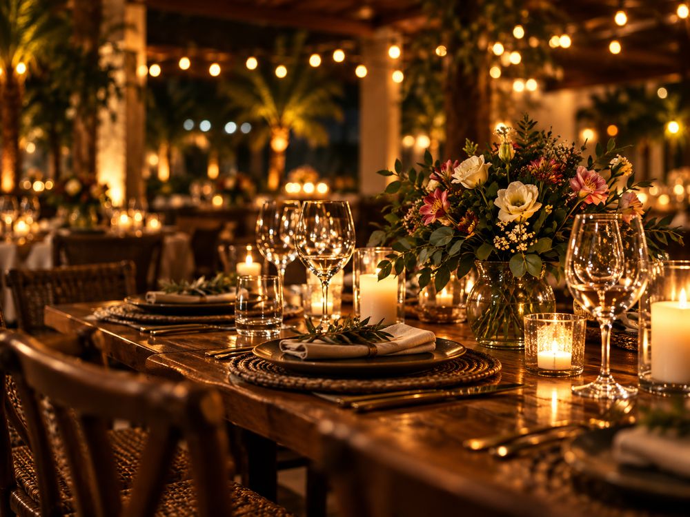 Mesa posta para evento com taças, flores e velas